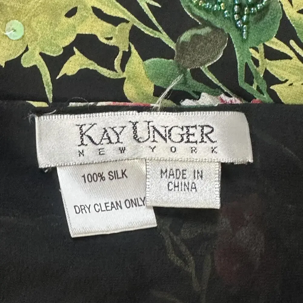 Kay Unger Silk Scarf Womens Black Chiffon Beaded Rose Floral Fringe 80